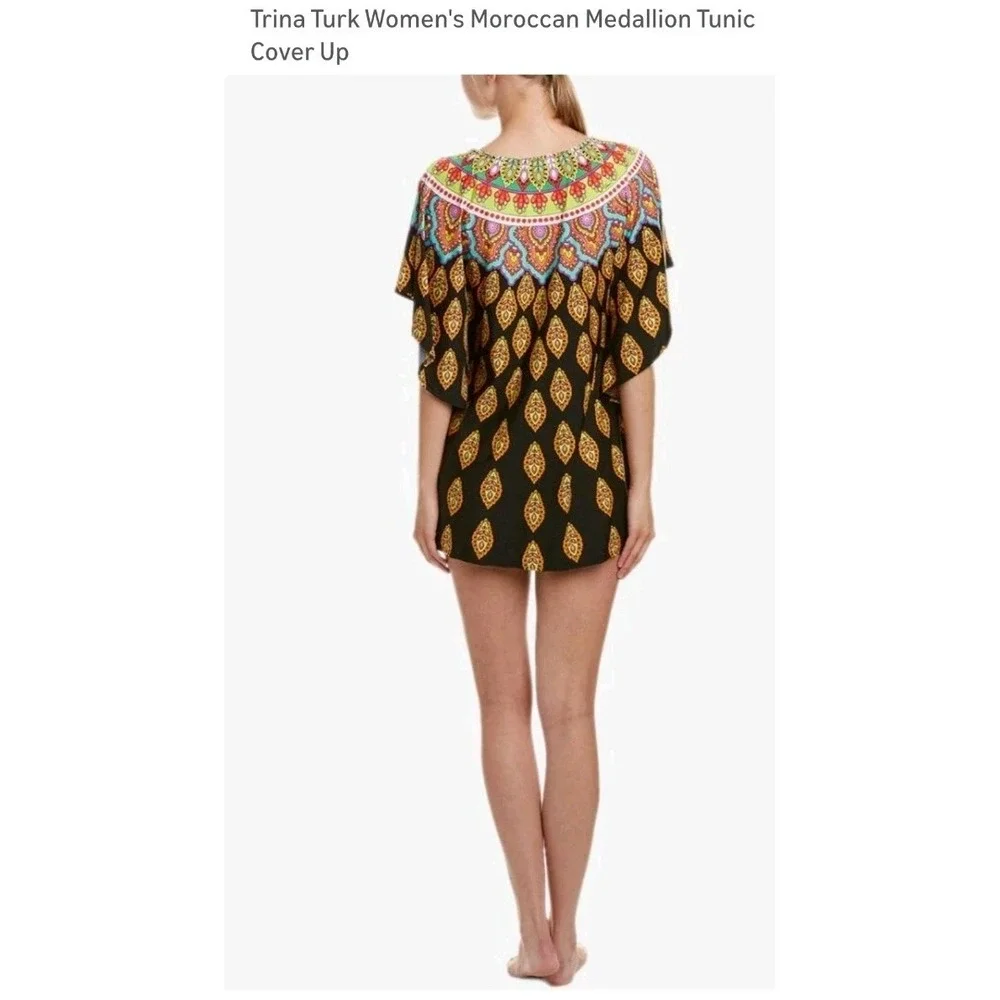 TRINA TURK Moroccan Medallion Black Swimsuit‎ Cover-up Tunic Women Size Large